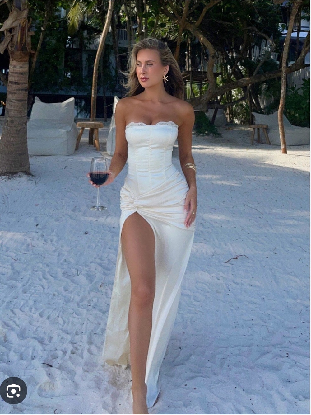 Elegant Strapless Ivory Maxi Dress with High Slit